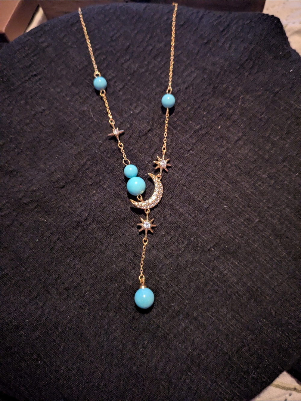 Gold Moon & Star Necklace with Turquoise Beads - Women's Jewelry